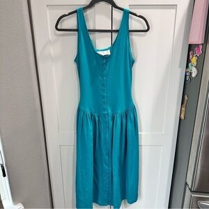 VTG Ricki & Company cotton poly blend dress drop waist button front pockets teal